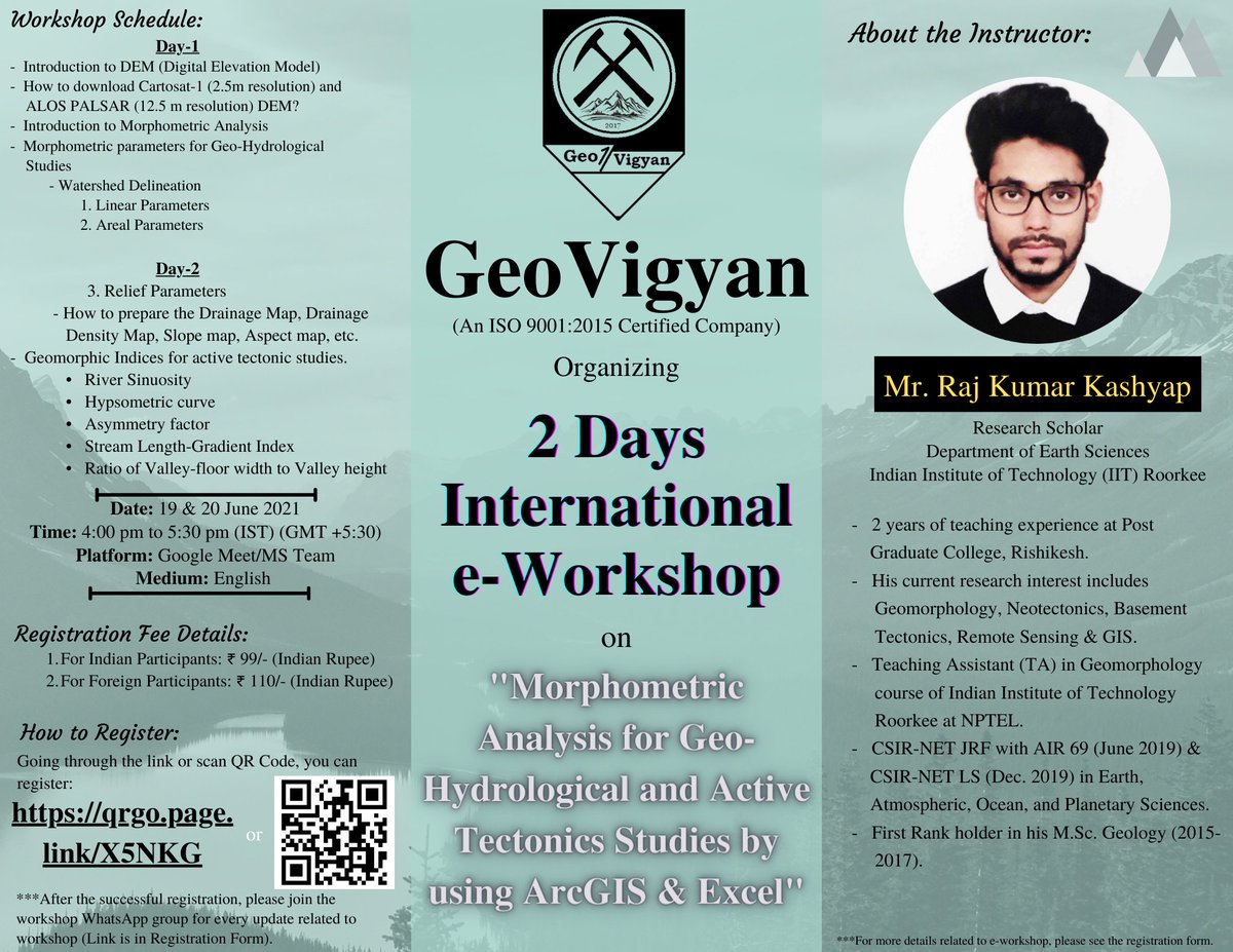 GeoVigyan's tweet photo. Greetings to all,
Team @GeoVigyan is organizing the 2 Days International e-Workshop on "Morphometric Analysis for Geo-Hydrological and Active Tectonics Studies by using ArcGIS &amp; Excel." 

Registration Form Link is:  
https://t.co/9rekII09TV

Thank You
With Regards
Team @GeoVigyan https://t.co/ccIwIsz4bu