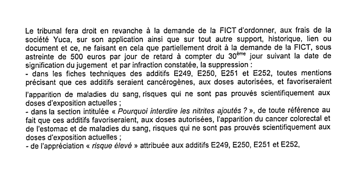 EspinosaRomain's tweet photo. Extrait de la décision du Tribunal de Commerce de Paris qui oblige l'application @YukaApp à retirer ses alertes sur la cancérogénicité de certains additifs ajoutés dans les charcuteries, suite aux demandes de la Fédération française des industriels charcutiers traiteurs. ⬇️ https://t.co/xfmQPezfyT