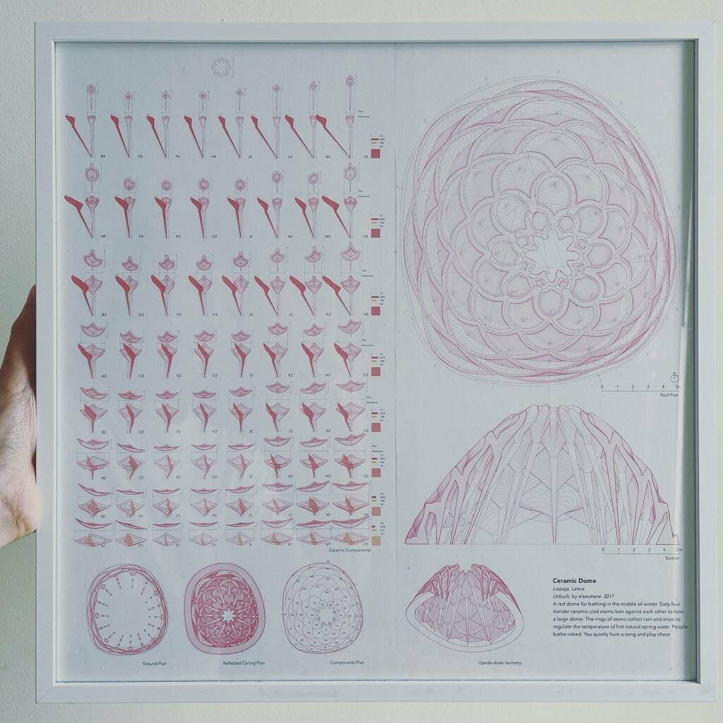 hello_elsewhere's tweet image. Drawing describing the form and geometry of a ceramic dome. 64 pieces lean and lock against each other to form a large dome. Elsewhere 2014. #architecturedrawing instagr.am/p/CP0SxqtsxNB/