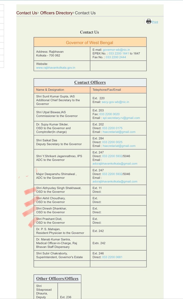 MahuaMoitra's tweet photo. This is current list of contact officers on WB RajBhavan web site.  https://t.co/gwyFakO2sN

Uncleji is kindly requested to come clean on who marked persons are &amp; how they were appointed OSDs. 

End of story. End of lies. https://t.co/ED38BNeYIw