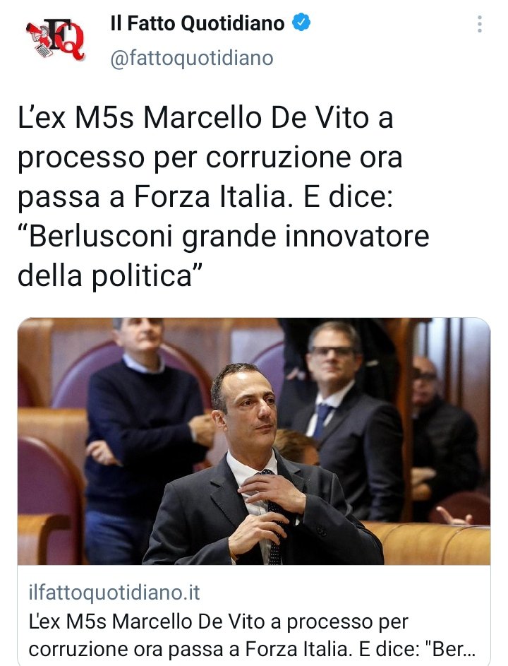 Ta_nu76's tweet photo. L’ex M5S #MarcelloDeVito passa a Forza Italia.
Adesso che ha un processo ha le carte in regola per entrare in @forza_italia https://t.co/hxJSk2u1Mr
