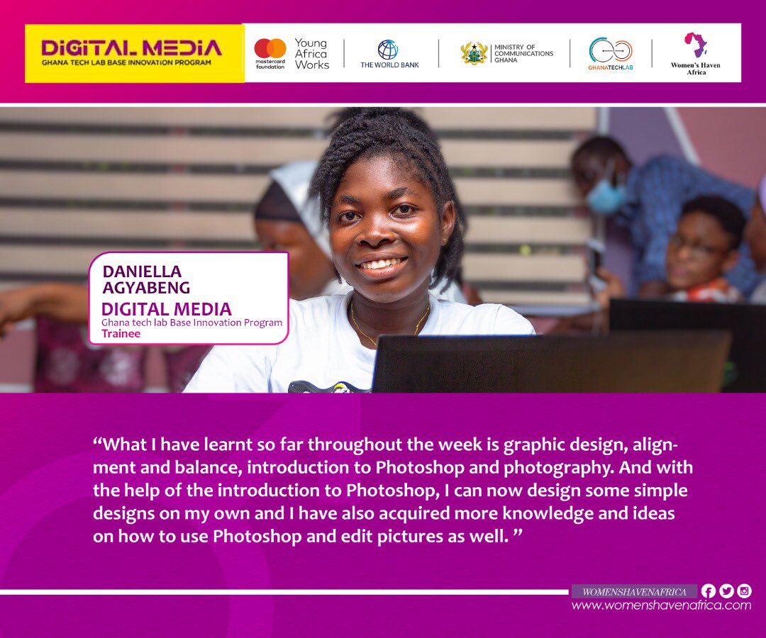 haven_africa's tweet image. 𝐃𝐢𝐠𝐢𝐭𝐚𝐥 𝐌𝐞𝐝𝐢𝐚 𝐓𝐫𝐚𝐢𝐧𝐢𝐧𝐠 𝐓𝐫𝐚𝐢𝐧𝐞𝐞 𝐅𝐞𝐞𝐝𝐛𝐚𝐜𝐤
#DigitalMedia
#GTLBaseProgram 
#WomensHavenAfrica
#YoungAfricaWorks
@GhanaTechLab @MastercardFdn @youngafricawks @mocghana @WorldBankAfrica