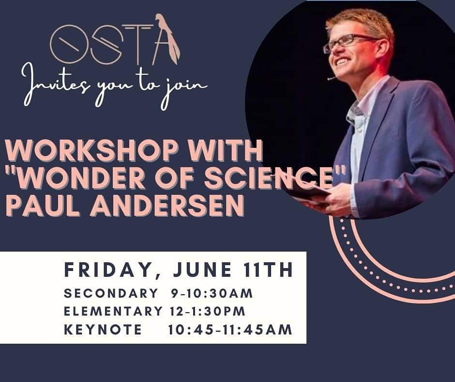 THIS FRIDAY! 

Don't miss out on a WORKSHOP with PAUL ANDERSEN, "Wonder of Science" on June 11th. Hosted by OSTA. Can’t make it? No worries... it’ll be available digitally to registered members!

Register at oksta.org/events

#oklaed #okmath #oksci
