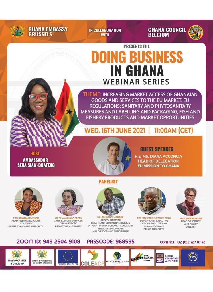 Doing Business in #Ghana 🇬🇭 16/06 Webinar Series by Ghana Embassy in #Brussels, #Belgium 🇧🇪. 

ZOOM ID: 949 2504 9108 
PASSCODE: 968595

#GhanaOnTheGo #GrowInGhanaGrowWithGhana #GhanaBeyondAid #InvestInGhana