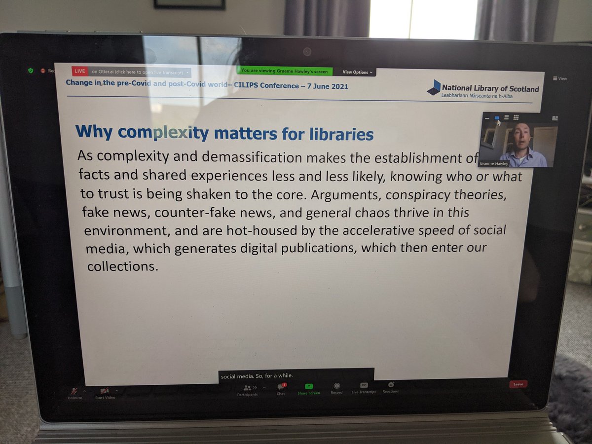 SLICLindsey's tweet photo. Absolutely fascinated by Graeme Hawley talking about change Pre and post-covid #CILIPS21 https://t.co/7xFwwFdnxj
