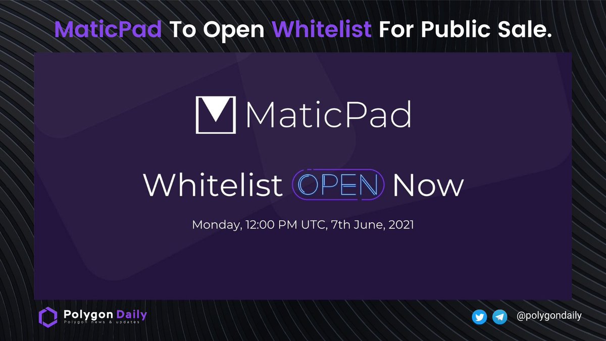 NFTevening's tweet photo. You can register for @MaticPad whitelist starting from June 7, 12:00 PM!
It's not FCFS but only lasts for 4 days. After that, $MATPAD public sale will be conducted with a price at $0.035 per #MATPAD. Stay tuned for the exact launch time 🙌
👉 https://t.co/ZjBYLB2jAg
#Polygon https://t.co/GVr6t5grjm
