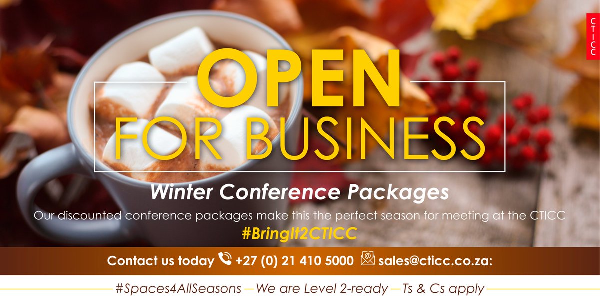 CTICC_Official's tweet photo. The CTICC is open for business. Contact us on +27 (0) 21 410 5000 or at sales@cticc.co.za to find out how you can book one of our discounted, versatile, and Level 2-ready venues. Find out more: https://t.co/4fqLlIv7rq
#CTICC #Spaces4AllSeason #BringIt2CTICC #VersatileVenues https://t.co/cHWknfRoQJ