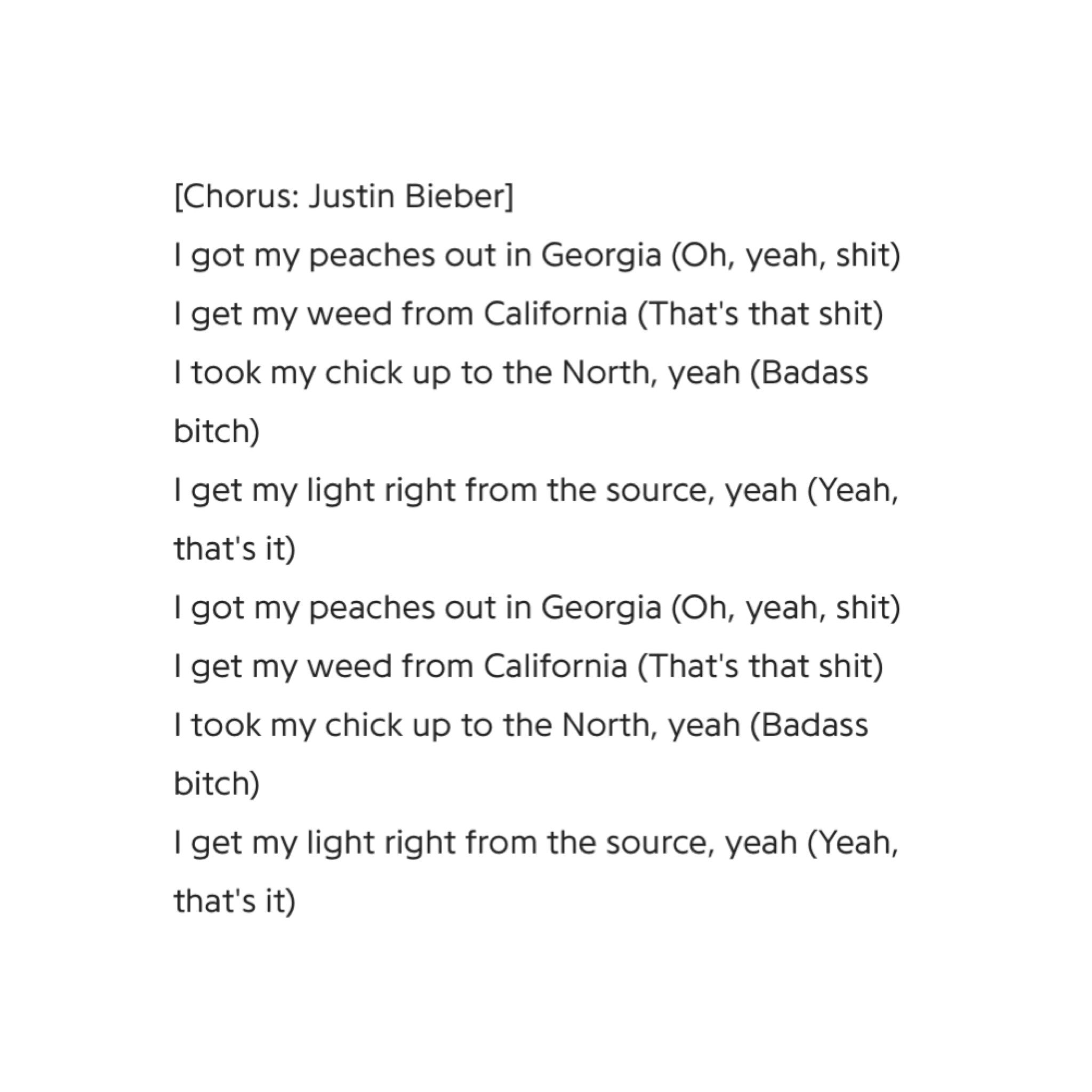 Justin Bieber Crew on X: Check out the lyrics to the “Peaches” remix by  Justin Bieber ft. Ludacris, Usher, and Snoop Dogg:   / X