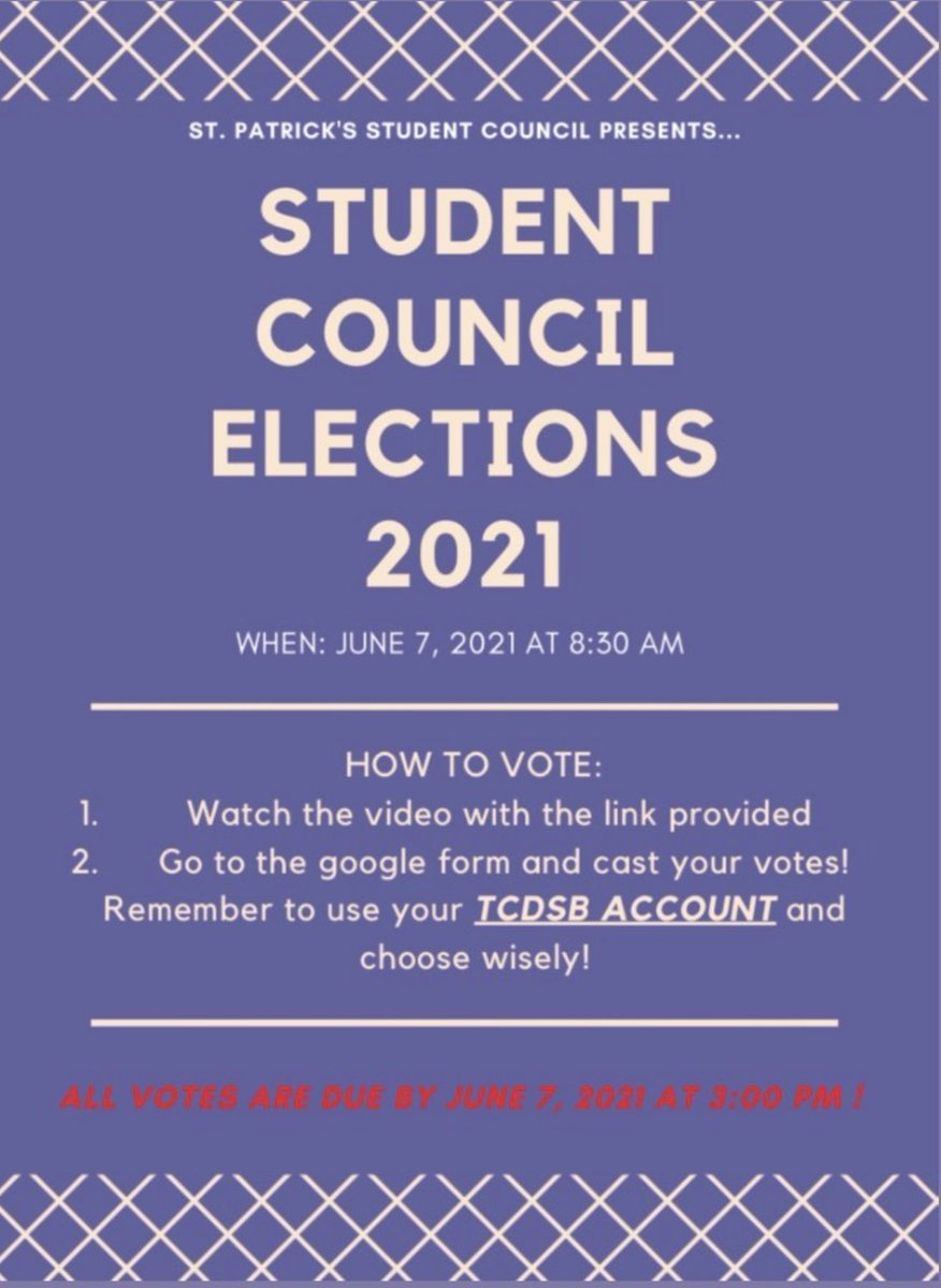 Hey Hey Hey St. PATS! 

Voting will begin at 8:30am and end at 3:00pm. The link to the candidates videos can be found in our bio as well! Remember to use your TCDSB email and no more than one vote per person. Use the link below to vote:
forms.gle/miTSk4798K5rFz…