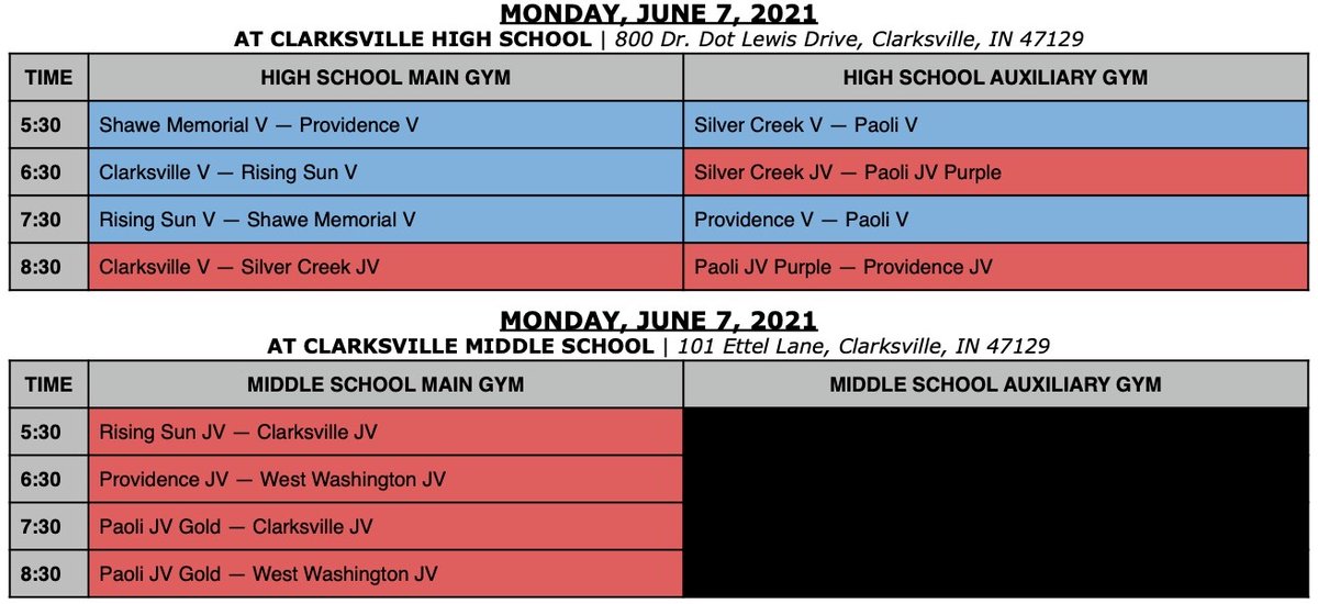 Here's the Kentuckiana Summer Basketball League schedule for girls' games tonight at Clarksville: