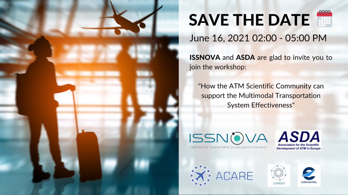 IssnovaI's tweet photo. SAVE THE DATE✏️ June 16, 2021 02:00 - 05:00 p.m. 📅
“How the ATM scientific community can support the multimodal transportation system effectiveness?”
Come and find out at Agency Research Team’s Online Workshop on passenger-centred mobility.
Register here:
https://t.co/M4GDDo5Xoe https://t.co/JBTTewGnGE