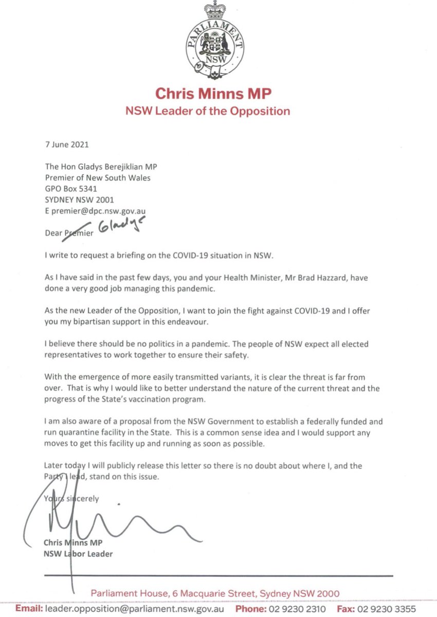 ChrisMinnsMP's tweet photo. My letter to the Premier, offering bipartisan support in the fight against COVID-19 #nswpol https://t.co/xTcZVqHMKP