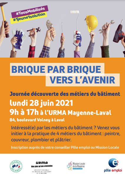 #TousMobilisés pour le bâtiment ! @poleemploi_PDL Laval et la Mission <a href="/LocaleMayenne/">MISSION LOCALE DE LA MAYENNE</a> organisent l'événement🧱"Brique par Brique Vers l'Avenir"🧱avec <a href="/cmarPDL/">Chambre de métiers et de l'artisanat Pays de Loire</a> le 28/06👍
Le secteur du bâtiment peine à attirer ses futurs talents: ensemble brisons les idées reçues🔨#1jeune1solution