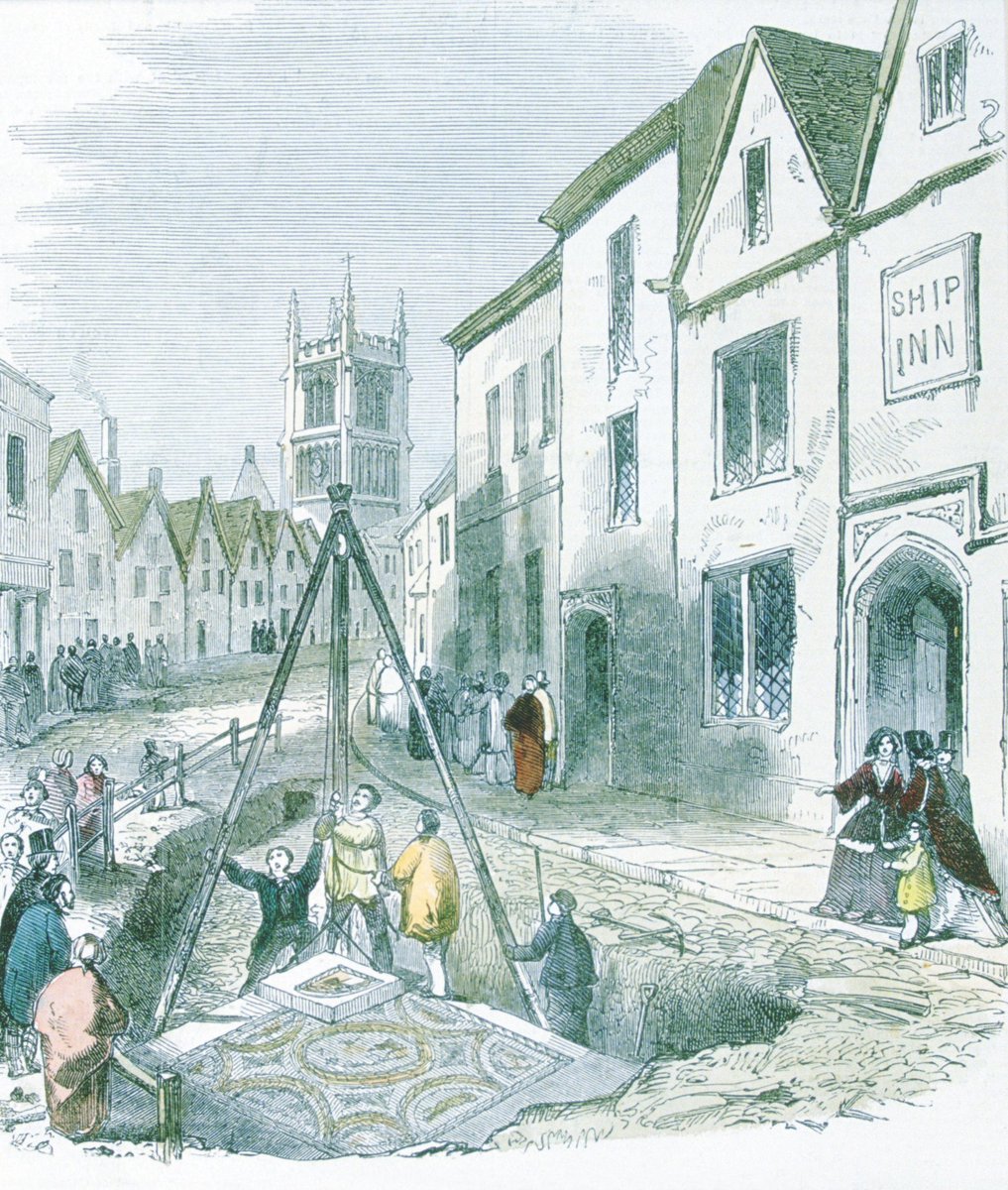 CoriniumMuseum's tweet photo. #OnceUponAtimeMW in 1849 a mosaic was found in Cirencester during sewerage works. The discovery lead to the creation of @CoriniumMuseum. This engraving shows the Hunting Dogs Mosaic being lifted.  #beginning #origin #start #MuseumWeek https://t.co/7a7D5fQsrF