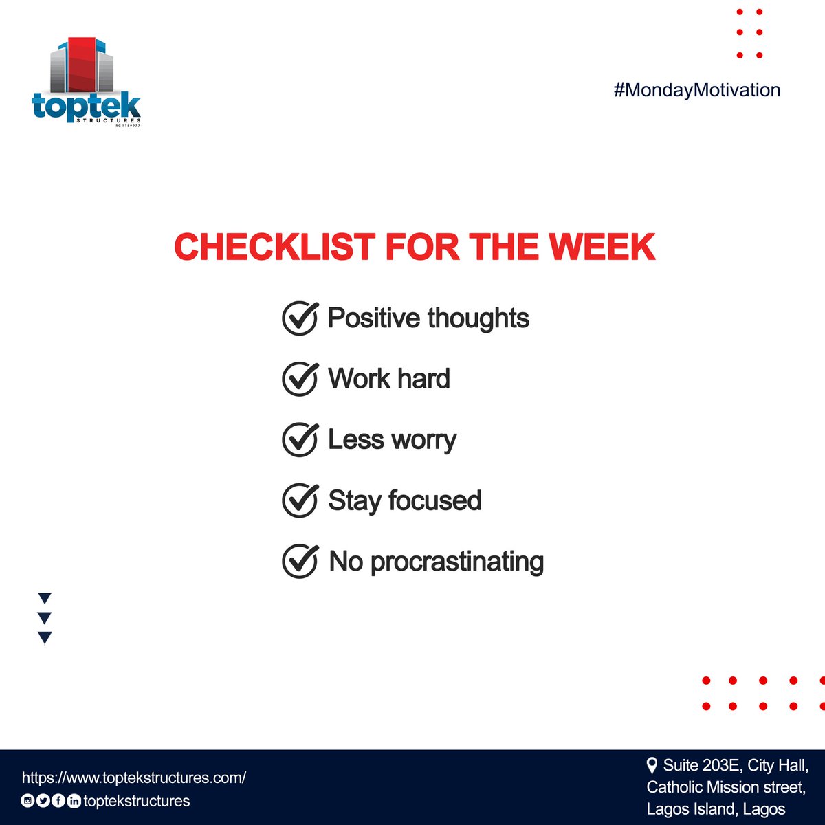 toptekstructure's tweet photo. Do you have a checklist for the week?
If not, we have created one for you.
Happy new week

You can talk to us for your Construction, Architecture and Interior Design services or visit https://t.co/qG0eNwEj6A

#toptekstructures #architecturedesign #mondaythoughts #interiordesign https://t.co/tTqP424q4J