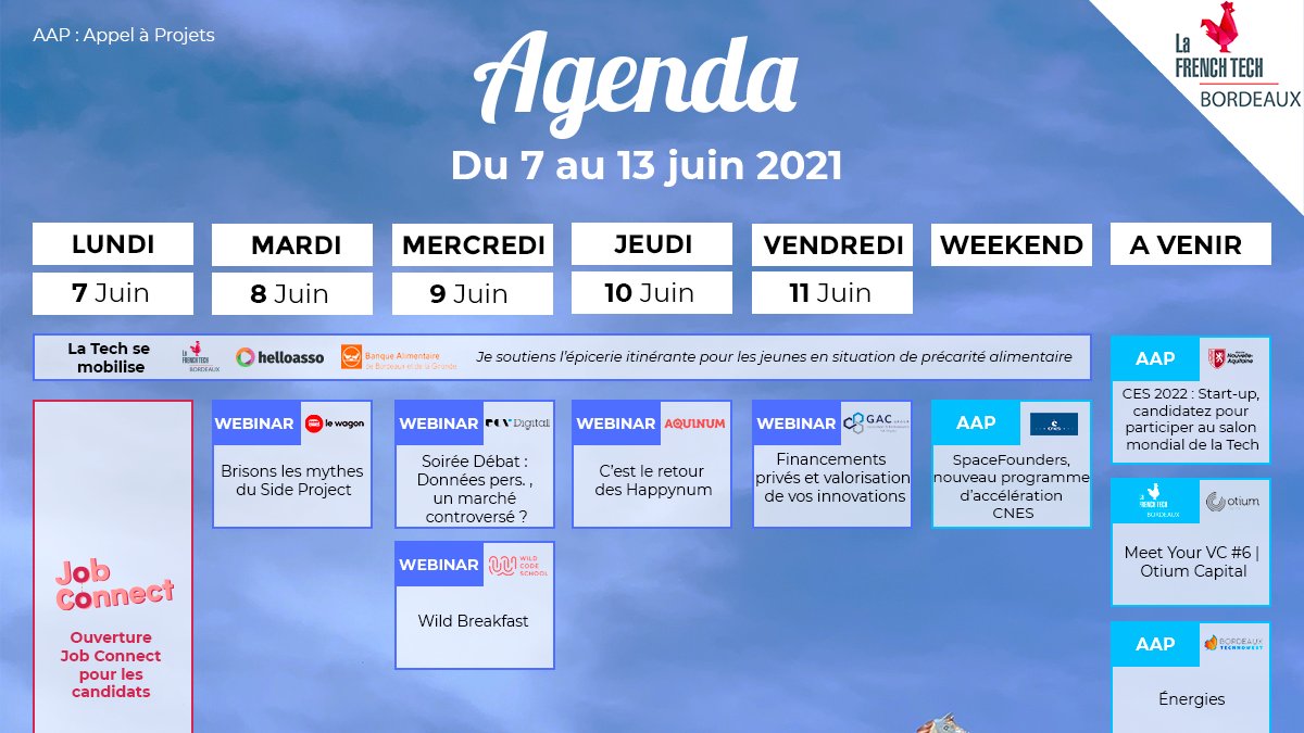 FrenchTechBdx's tweet photo. 🗓 Vos événements #FrenchTech #Bordeaux de la semaine ➡️ #FTCentralBdx, @LeWagonBordeaux, @ECV_Digital_Bdx, @WildSchool_Bdx, @aquinum, @CNES, @NvelleAquitaine, @OtiumVenture, @Bdx_Technowest, @Bpifrance, @helloasso, @BA_Bordeaux33...🔥
Infos 👉 https://t.co/PR7mwbUoLm https://t.co/rc9ZekP5In
