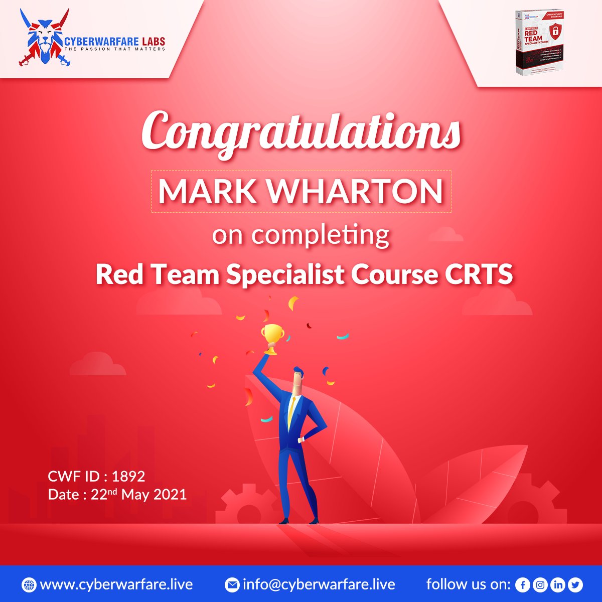 cyberwarfarelab's tweet image. We congratulate Mark Wharton 🤩 on successfully completing the CyberWarFare Labs Red Team Specialist Course [CRTS]✨

Register now to get your certificate 💯
Visit: cyberwarfare.live

#redteam #cybersecurity #adversarysimulationlab #congratulations #redteamlab #redteaming