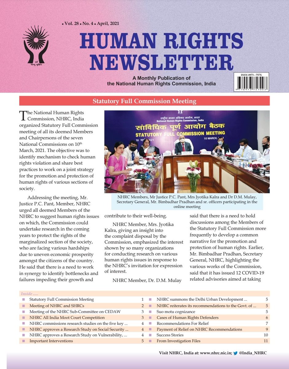 India_NHRC's tweet photo. To know more about the activities of @India_NHRC, its monthly Newsletter are avaliable in the #media gallery on its website. For the latest edition, visit- https://t.co/oyHXUAtTJU
@ANI @PTI_News @PIB_India https://t.co/KYguHYIt0N