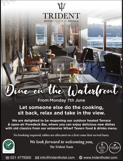 We are delighted to be reopen our outdoor heated Terrace and Foredeck Bar, where you can enjoy delicious new dishes and old classics from menu.
We are ready when you are ❤️ 

Tempting new menu and wines 
🍴bit.ly/3v02ReG
🍷 bit.ly/2Rt1mrN

#kinsale #cork
