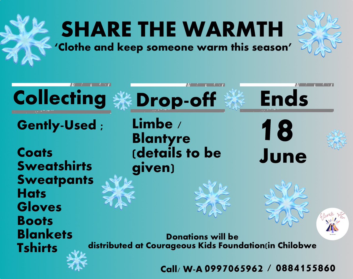 elevatehermw's tweet photo. We are going to donate the following at Courageous kids foundation and if you have something to donate, please text the numbers below. ‘Share the warmth’ this season https://t.co/qXj1VZKYdK