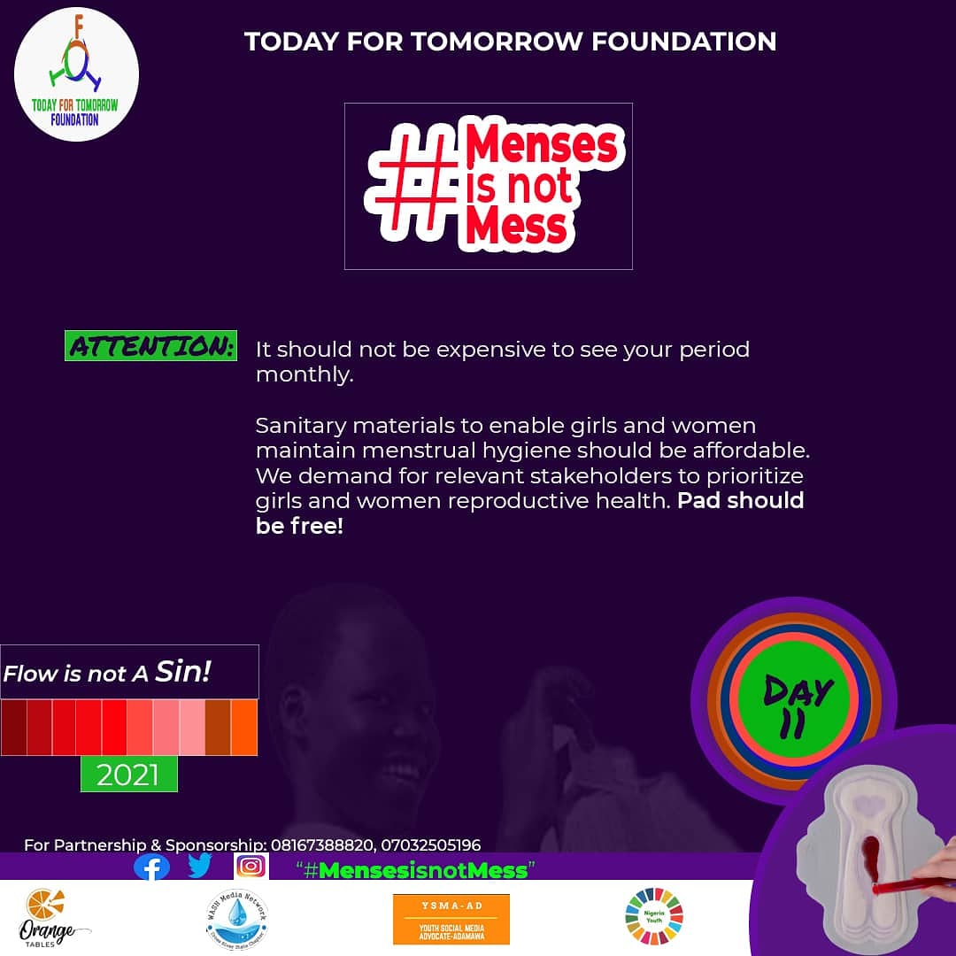 TodayFT's tweet photo. Day 11 out of 28
For us to #EndPeriodPoverty  and safe many girls from the embarrassment and discomfort as well as prevent the use of poor hygienic use of Menstrual products.
This is our advocacy ASK : FREE PADS 
#MensesIsNotMess
#MenstruationMatters
#MHM
#MHM2021
#SRHR https://t.co/Thdy3uubLt