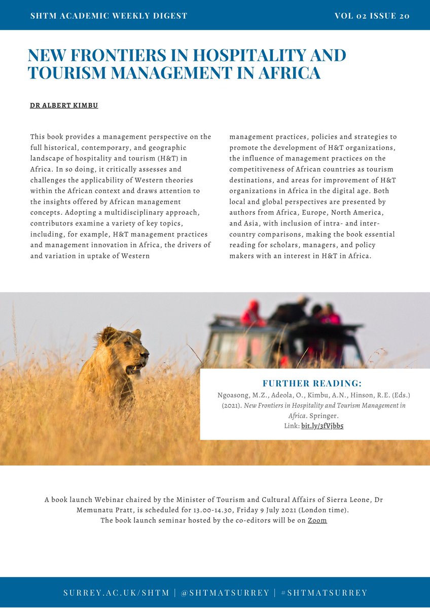 SHTMatSurrey's tweet photo. Happy Monday! A book edited by Dr @AlbertKimbu &amp; co. presents carefully selected cases to provide a #management perspective on the historical, contemporary, and  geographic landscape of #hospitality and #tourism in #Africa. 

#SHTMatSurrey #TOURISMatSurrey #WeeklyDigest https://t.co/QSVayQlnPW