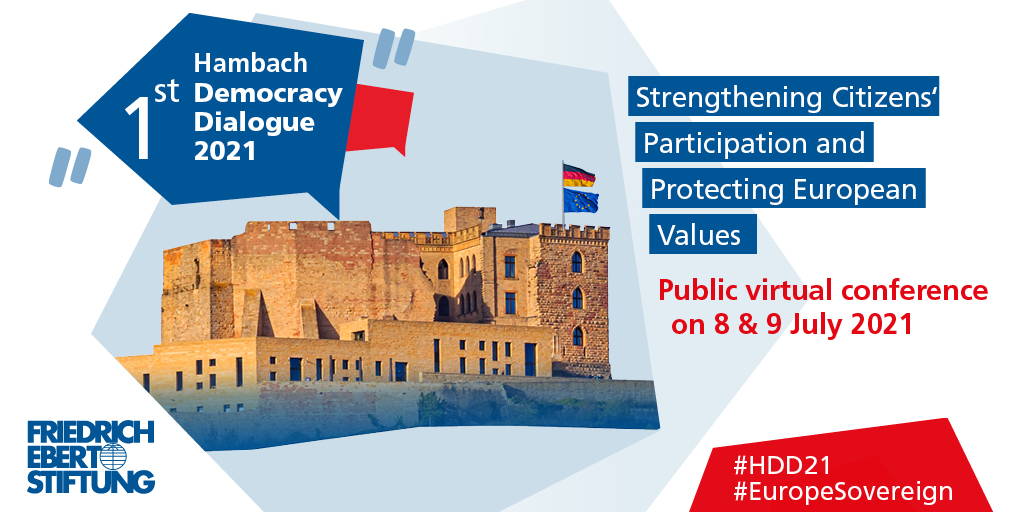 📢Save the date for our first <a href="/FESonline/">Friedrich-Ebert-Stiftung</a> virtual Hambach Democracy Dialogue on 8 &amp; 9 July with high-level speakers. We will discuss the future of European #Democracy with <a href="/katarinabarley/">Katarina Barley</a> <a href="/VeraJourova/">Věra Jourová</a> <a href="/MartinSchulz/">Martin Schulz</a> and many more guests. #HDD21 #EuropeSovereign