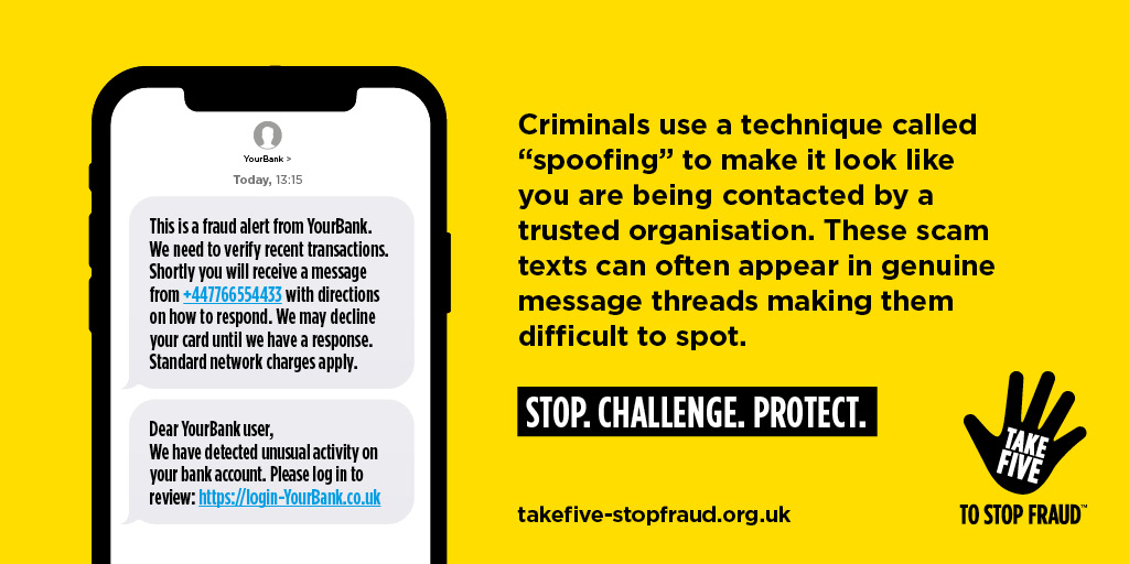 If you receive a text from your bank, tech provider or a parcel delivery company asking you to click on a link within the message #StopChallengeProtect! ✋☝️👊 Instead of clicking the link, log into your account directly to update or check your information. ✅ #TakeFive