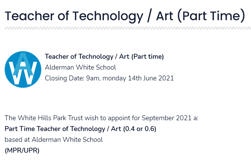 VACANCY Teacher of Technology / Art (Part time) Closing Date: 9am, Monday 14th June 2021 More info: 👇 whptrust.org/vacancies