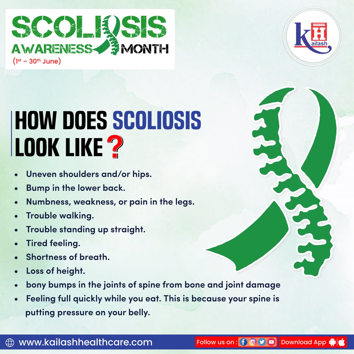 KailashHealth's tweet photo. Scoliosis is a sideways curvature of the Spine. Early Diagnosis of Scoliosis Symptoms can help in better management.
Consult our Neurologists.
Book an Appointment: https://t.co/3PxoApMEoA
#scoliosisawarenessmonth #Curvedspine #Spineproblem #Neuroproblem #Neurologists https://t.co/I8h4voSvKg