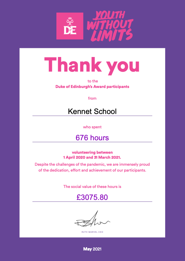 KennetSchool's tweet photo. Despite the restrictions of the last year, Kennet pupils dedicated an impressive 676 hours to volunteering as part of the @DofE programme between April 2020 and March 2021 (a social value of over £3k!). We're so proud of their efforts. #KennetCommunity #BetterNeverStops https://t.co/9WlBPLJdl4