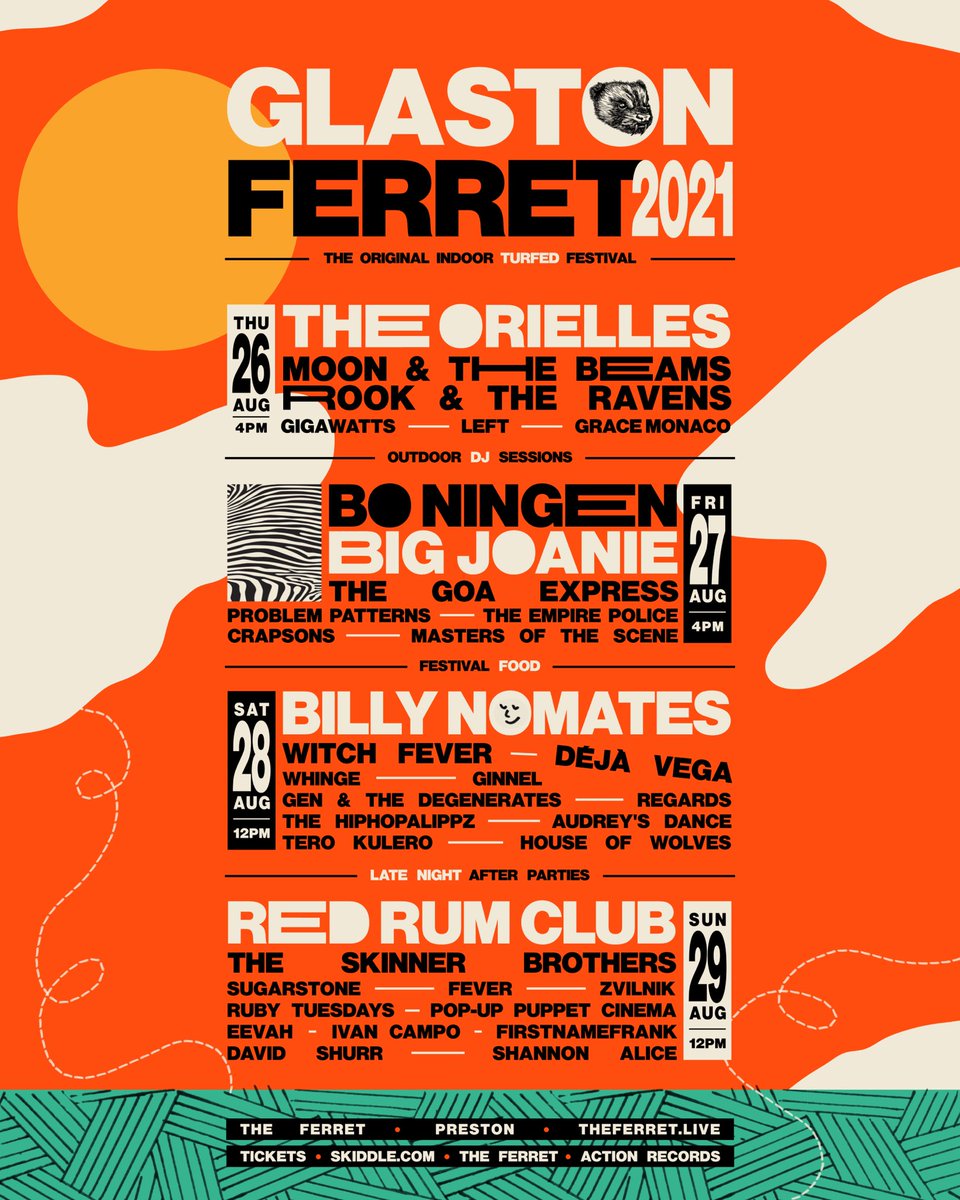 🎉 GLASTONFERRET 2021! 🎉 

We’re playing this year’s Glastonferret <a href="/FerretPreston/">The Ferret</a>!

We will be on Friday’s lineup alongside incredible bands like <a href="/Big_Joanie/">Big Joanie</a>, <a href="/boningenuk/">BO NINGEN</a>, &amp; our pals, <a href="/crapsons/">Alexandre</a>!

Tickets go on sale TOMORROW (Tuesday) at 10.00am: 
skiddle.com/festivals/glas…