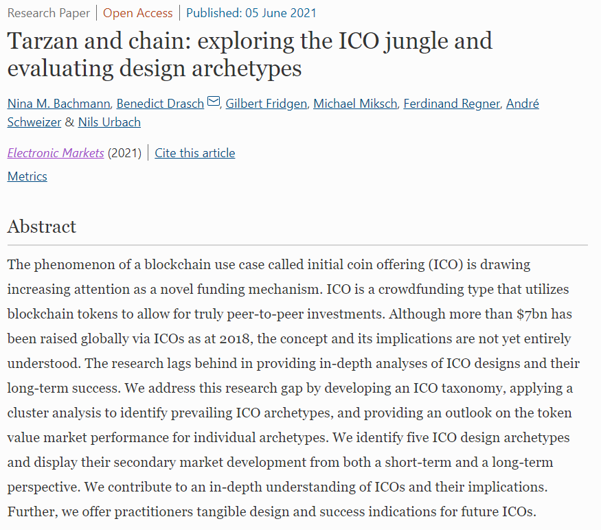Tarzan and chain: exploring the ICO jungle and evaluating design archetypes, by Nina M. Bachmann, Benedict Drasch, @fridgen, Michael Miksch, Ferdinand Regner, André Schweizer &amp; <a href="/nilsurbach/">Nils Urbach</a>,  <a href="/FIMresearch/">FIMresearch</a> <a href="/Fraunhofer_FIT/">Fraunhofer FIT</a> <a href="/unibt/">Universität Bayreuth</a>  <a href="/uni_lu/">uni.lu</a> <a href="/FrankfurtUAS/">Frankfurt University of Applied Sciences</a> doi.org/10.1007/s12525…