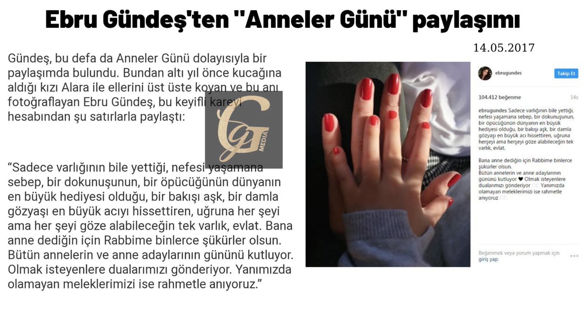 Ebru Gündeş, 2017 yılının Anneler Günü’nde kızı Alara ile ellerini üst üste koyduğu fotoğrafı duygusal cümlelerle paylaştı.

#ebrugündeş #ebrugundes #annelergünü