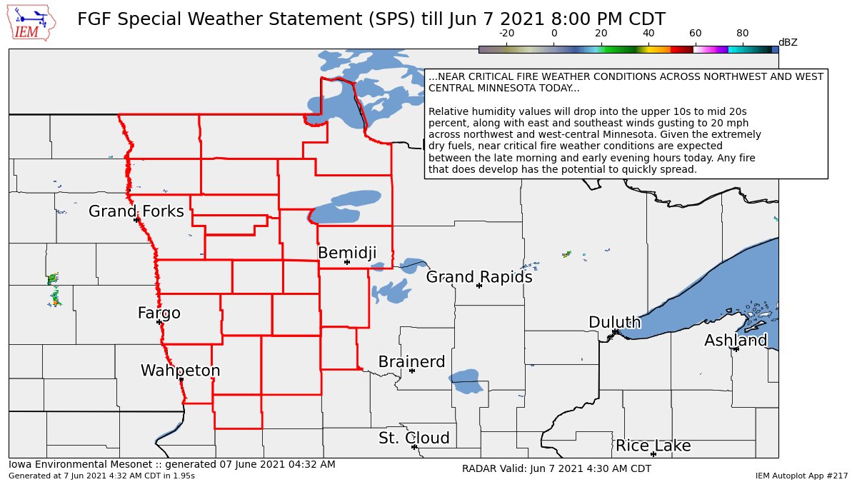 NEAR CRITICAL FIRE WEATHER CONDITIONS ACROSS NORTHWEST AND WEST CENTRAL MINNESOTA TODAY for Clay, East Becker, East Marshall, East Otter Tail, East Polk, Grant, Hubbard, Kittson, Lake Of The Woods, Mahnomen, Norman, North Beltrami, N... till 8:00 PM CDT https://t.co/4MCFYv86wi https://t.co/i6U8WhjJdC