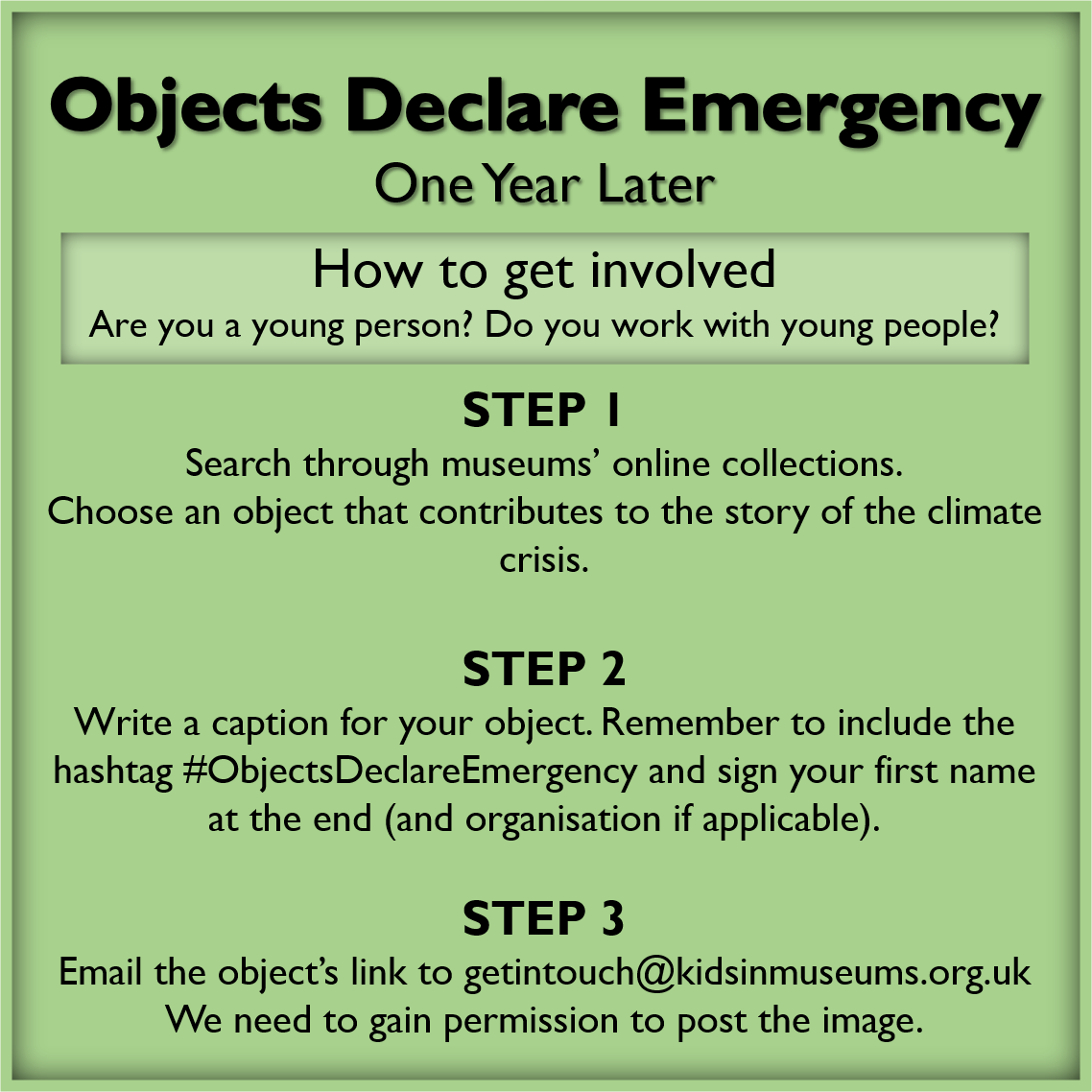 kidsinmuseums's tweet photo. It's been one year since our Youth Panel launched their Instagram exhibition #ObjectsDeclareEmergency.
https://t.co/lfntkXcUsH
They wanted to show how museum objects can help young people talk about the climate crisis.
You can still get involved by submitting an object 👇 https://t.co/RY7RrGvuGK