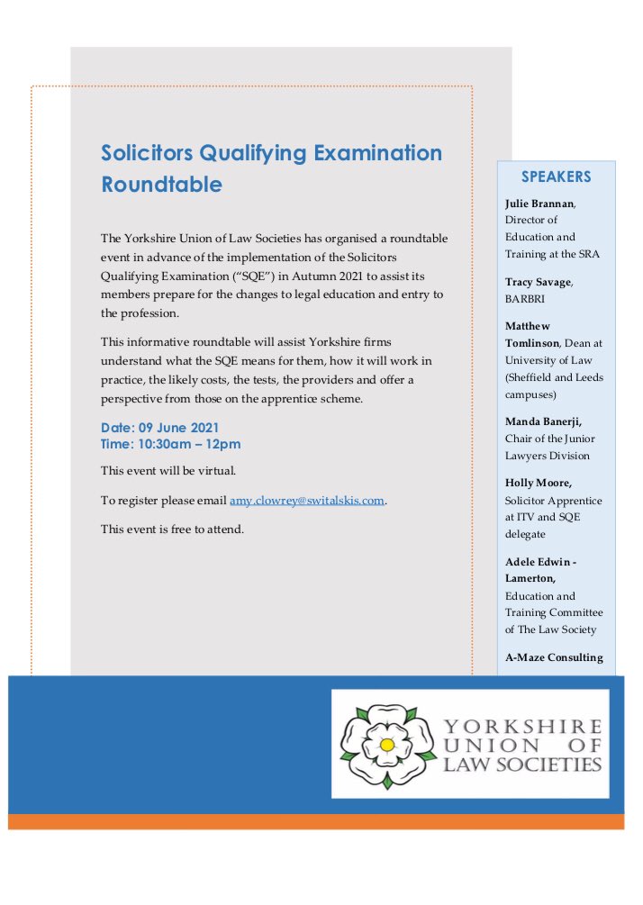 maternitylawyer's tweet photo. YORKSHIRE LAWYERS! Do you have questions about the Solicitors Qualifying Exam coming in later this year? The Yorkshire Union is hosting a brilliant round table this Wednesday. Please see attached details to join. https://t.co/PFa9MyDwgp
