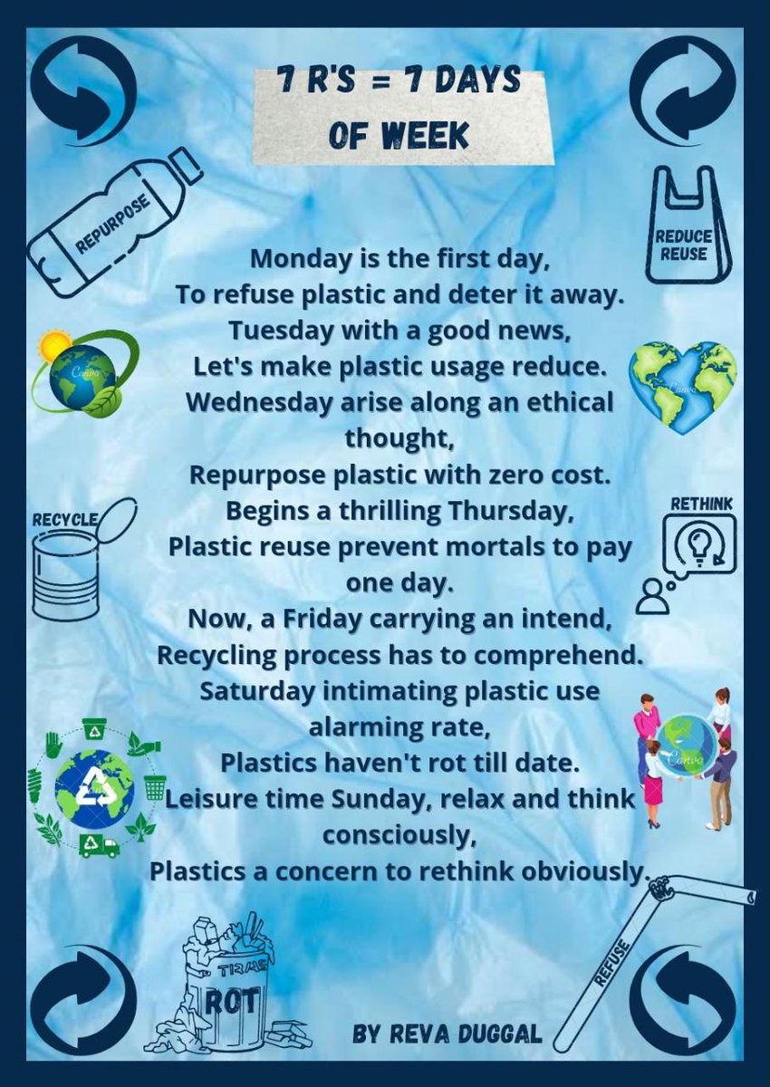 7 R's = 7 Days of week
#Recycle ♻️
#Reuse✖️➡️🚮
#Rethink💭🤔
#Repurpose 🛠️
#Refuse ❌
#Reduce ⬜➡️◽
#Rot 🥀

<a href="/pkdhillon08/">ParamjeetKaurDhillon</a> <a href="/zelfstudie/">koentimmers</a> <a href="/09nitinsharma1/">Nitin Sharma</a> <a href="/dhingrasimar/">Simarjeet Kaur</a> <a href="/Tanuja_Kri/">Tanuja Krishna</a> <a href="/ShaifalikaT1/">Shaifalika Tripathi</a> #RethinkPlastic #7Rs
