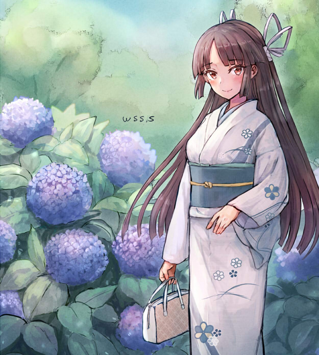 hiyou (kancolle) 1girl long hair japanese clothes solo kimono flower hydrangea  illustration images