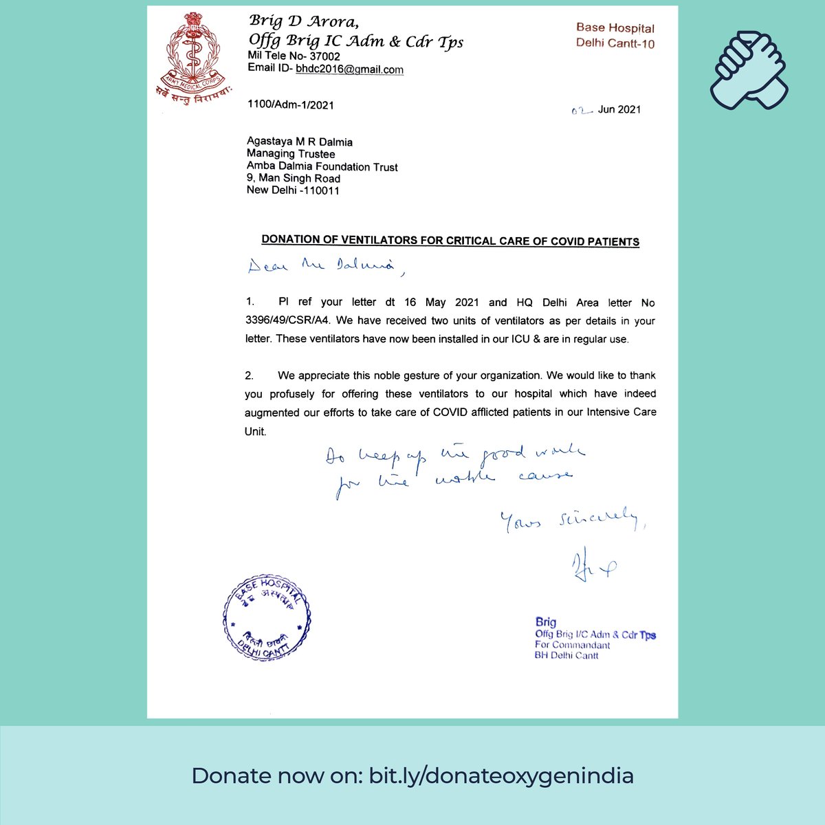 Two ventilators at Base hospital,Cantt being used for critical care of Covid19 patients.Thank you to all our donors for enabling us to provide equipments and build O2 plants at various delhi hospitals!Donate through the link in our bio.#DonateOxygenIndia #oxygencrisis #COVID19