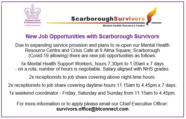 We hope to reopen our Mental Health Resource Centre in July after a period of enforced closure.  We are looking for 9 members of staff to join our dedicated team in supporting people with poor mental health.  
Please email our CEO for further details or to apply.