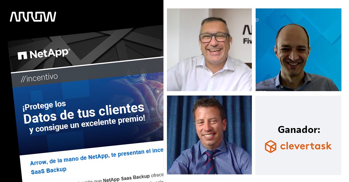CleverTaskSol's tweet photo. ¡Gracias a @ArrowECSSpain y a @NetApp_es por hacernos la entrega del incentivo de ventas de #NetAppSaaSBackup en FY21Q4! 🎉 #Microsoft365 #NetApp #ventas #weareclevertask https://t.co/ckTUNRgLYc