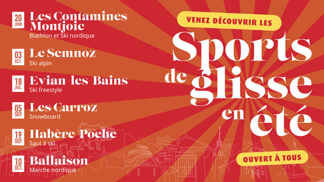 Le Comité de Ski Mont Blanc propose une tournée de 6 évènements en Haute-Savoie ayant pour objectif la promotion des pratiques estivales du Ski auprès du grand public et des jeunes de nos Clubs : loisir.ffs.fr/1072-2/