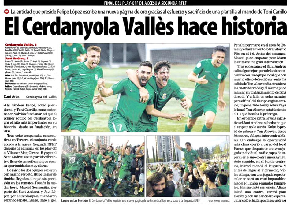𝐇𝐄𝐌 𝐅𝐄𝐓 𝐇𝐈𝐒𝐓Ò𝐑𝐈𝐀

📰 “La entidad que preside Felipe López escribe una nueva página de oro gracias al esfuerzo y sacrificio de una plantilla al mando de Carrillo” 

Llegeix l’article de <a href="/mundodeportivo/">Mundo Deportivo</a> aquí👇

#Cerdanyola #CFC #2RFEF