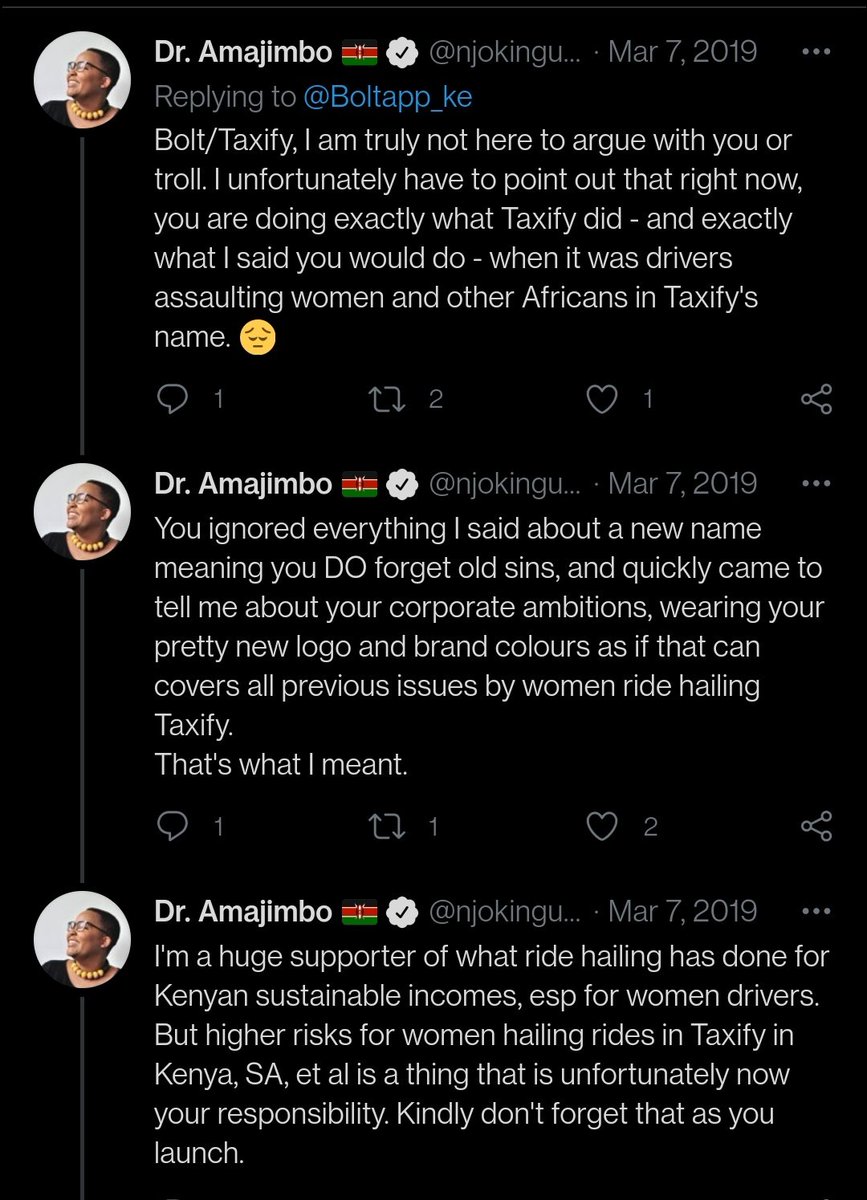 Women and many other folk have been asking Taxify, now Bolt, about this for years. These are just my tweets from that time. 
There are many, many, many MANY others. From all over the Continent. 🌍
#BoltMustFall