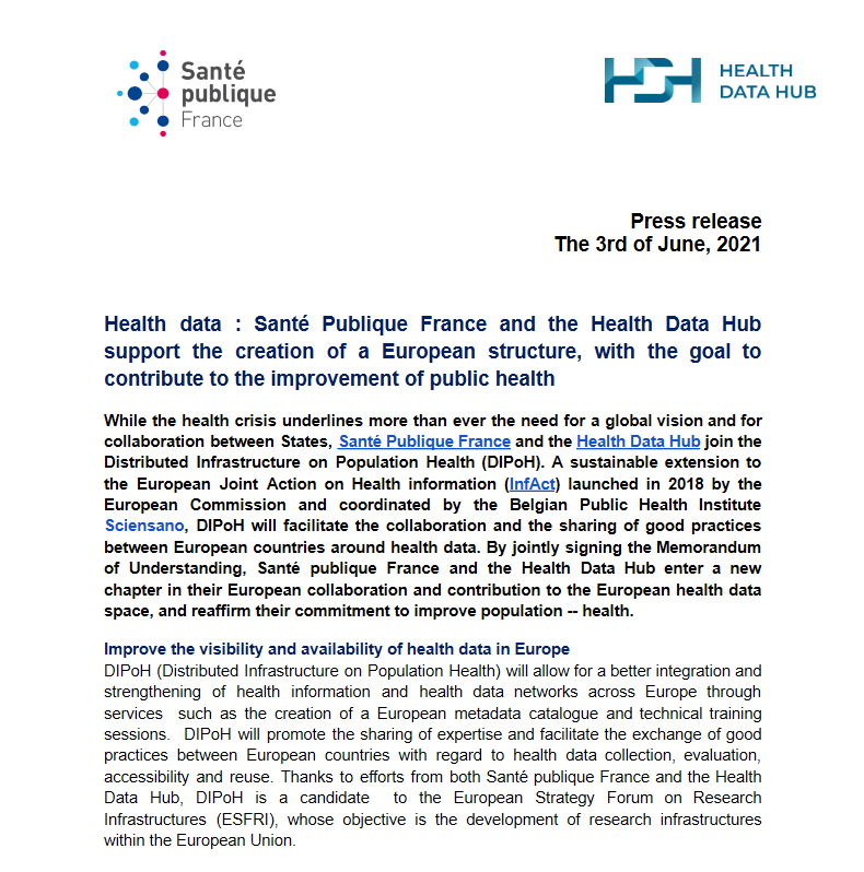 📰🔴[Press release] 
<a href="/SantePubliqueFr/">SantépubliqueFrance</a> and the <a href="/HealthDataHub/">Health Data Hub</a> join the Distributed Infrastructure on Population Health (#DIPoH), a sustainable extension to our European Joint Action on #HealthInformation (<a href="/JA_InfAct/">InfAct</a>)! #HealthData 
➡️ bit.ly/3fW4Dt6