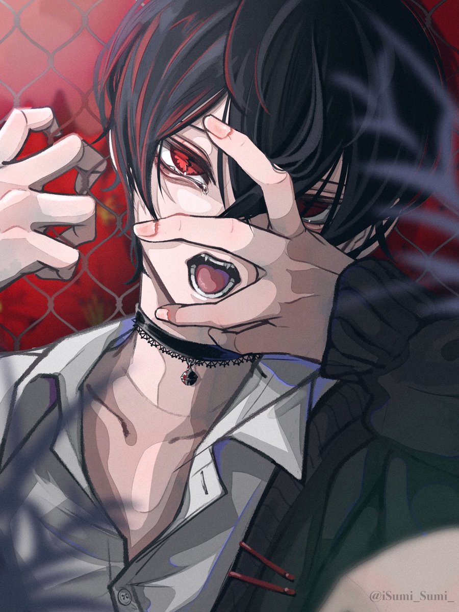 1boy male focus red eyes black hair solo choker open mouth  illustration images