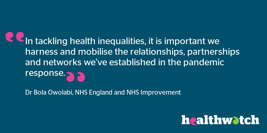 HealthwatchE's tweet photo. .@BolaOwolabi8 shares her reflections on our #VacciNationReport and the role of Healthwatch in addressing health inequalities. https://t.co/AttttrguSp