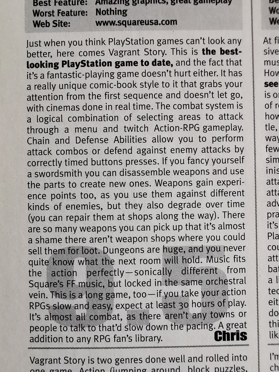 ChrisGoPlay's tweet photo. Here's the review of Vagrant Story. For me it was always a 10/10, which it got in Famitsu magazine, but I can't really argue with these scores! #GamersUnite #RetroGaming #RetroGames #RetroMags #GamingMagazines #GamingMags #GameReview #EGM #GameMagazines https://t.co/by0TZGfX6l
