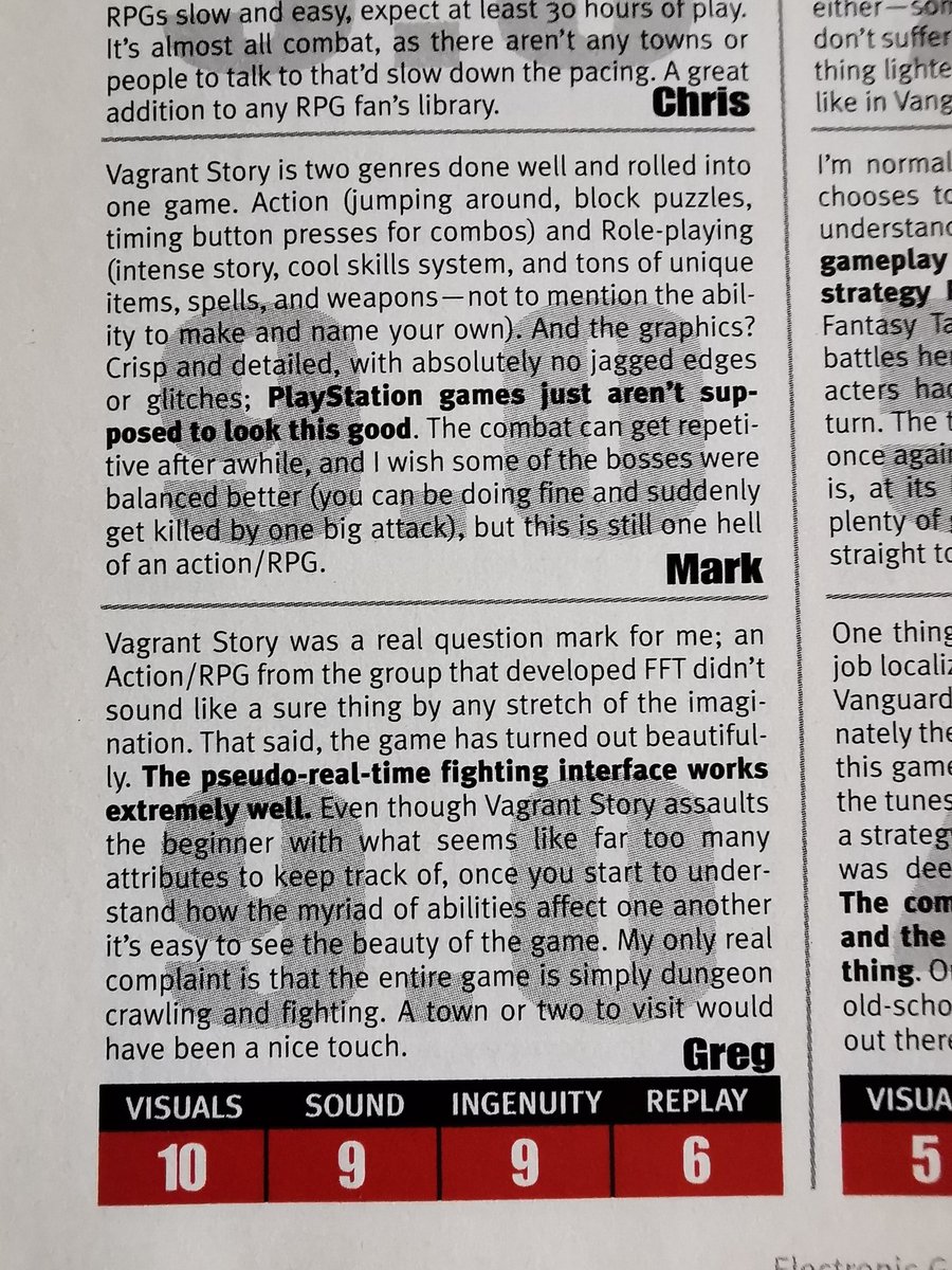 ChrisGoPlay's tweet photo. Here's the review of Vagrant Story. For me it was always a 10/10, which it got in Famitsu magazine, but I can't really argue with these scores! #GamersUnite #RetroGaming #RetroGames #RetroMags #GamingMagazines #GamingMags #GameReview #EGM #GameMagazines https://t.co/by0TZGfX6l